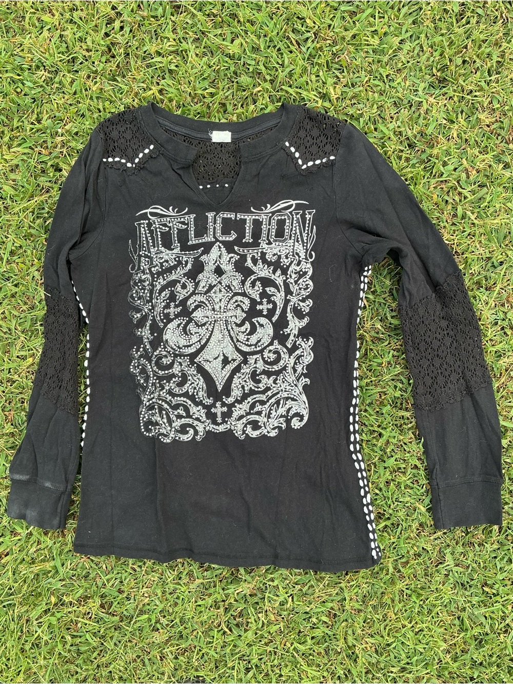 Affliction Black Long-Sleeve Tee with Silver Graphic and Lace Panels